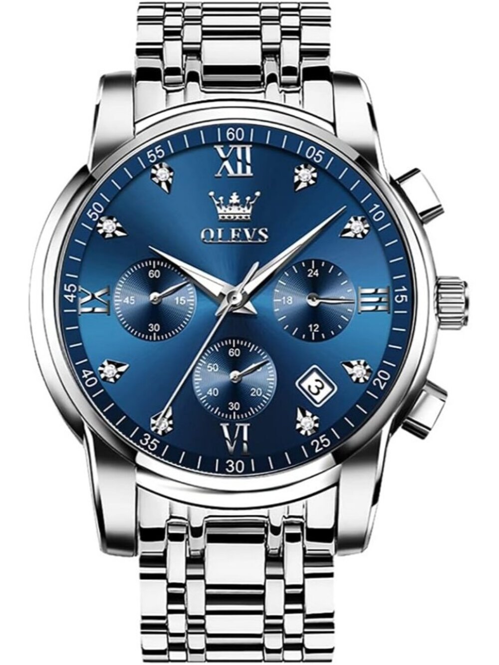 Men's Blue Face/Silver Strap Stainless Steel Chronograph Waterproof Dress Watch